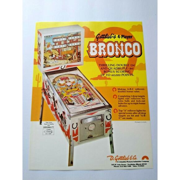 Bronco Pinball FLYER Original NOS 1977 Game Western Cowboy Retro Vintage Promo - Picture 7 of 7